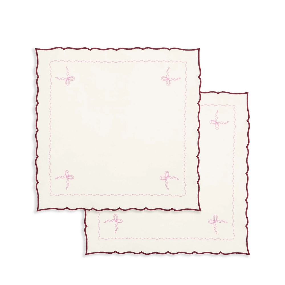 Embroidered Bow Napkins, Set of 2 - Burgundy