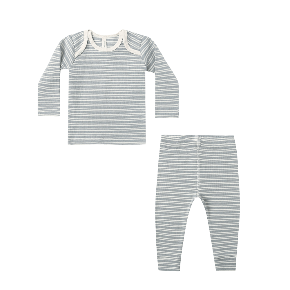 Quincy Mae Ribbed Tee + Legging Set - Steel Blue Micro Stripe