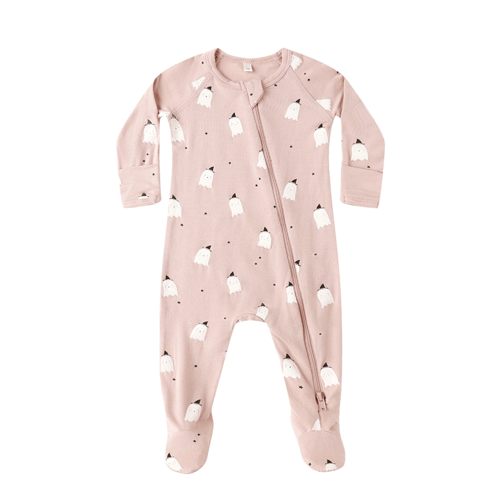 Quincy Mae Bamboo Zip Footie - Pink Ghosts