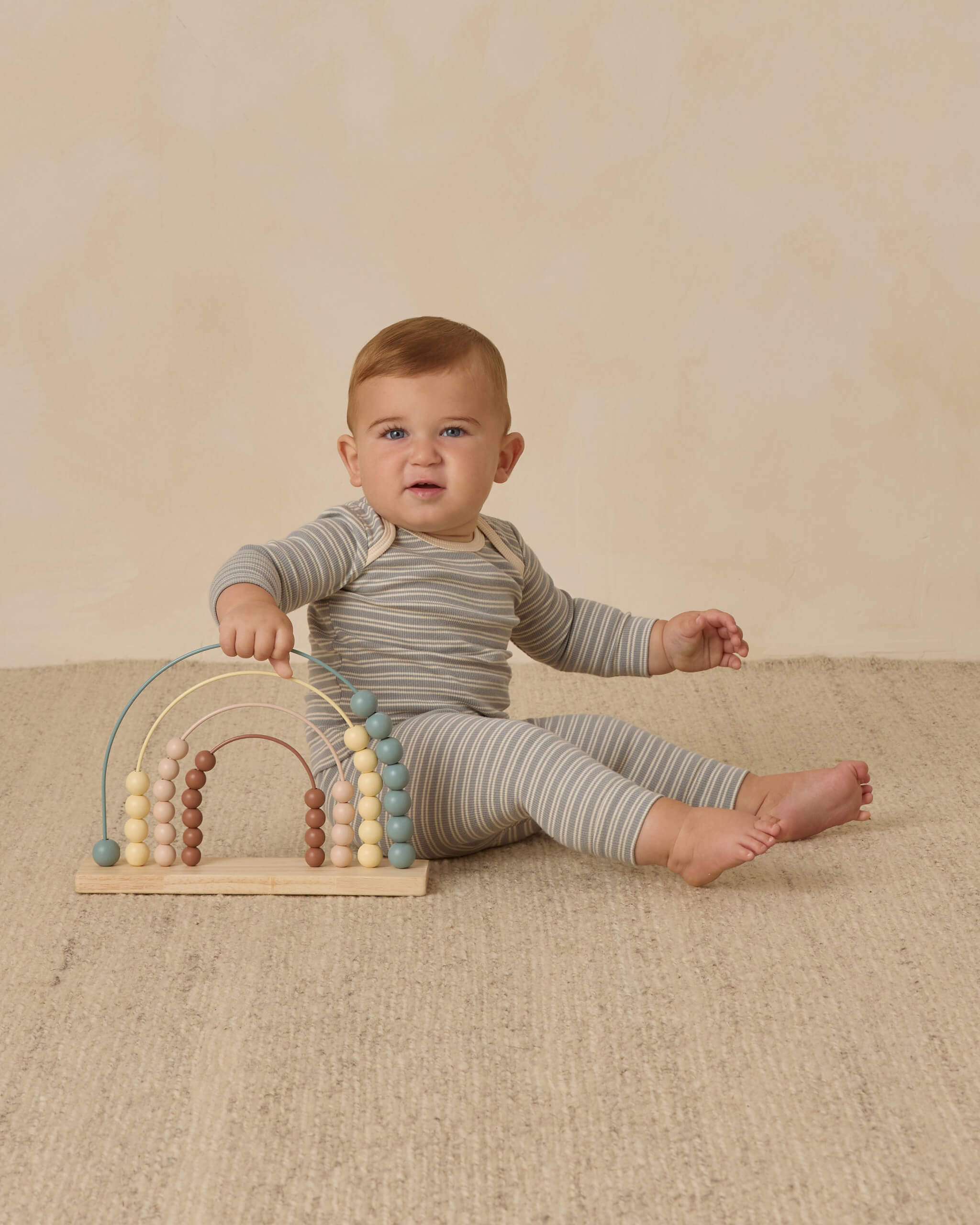 Quincy Mae Ribbed Tee + Legging Set - Steel Blue Micro Stripe