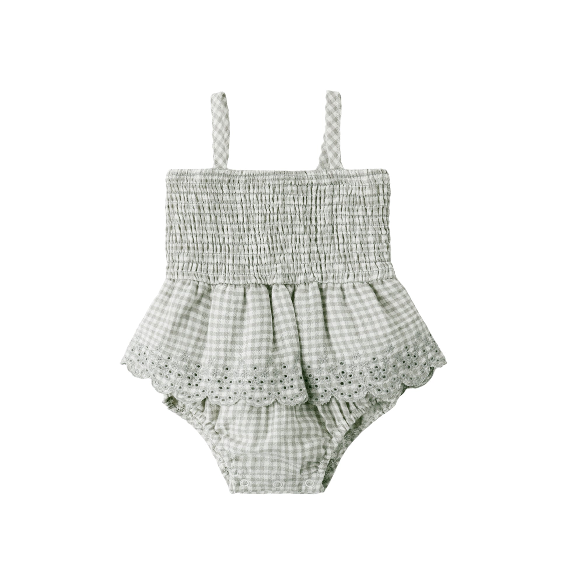 Quincy Mae Smocked Skirted Romper - Sage Gingham
