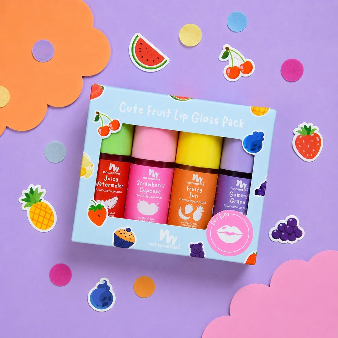 No Nasties Cute Fruit Natural Kids Lip Gloss Gift Set - Strawberry, Watermelon, Fruity Fun, Grape