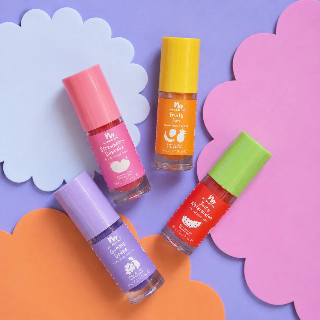 No Nasties Cute Fruit Natural Kids Lip Gloss Gift Set - Strawberry, Watermelon, Fruity Fun, Grape