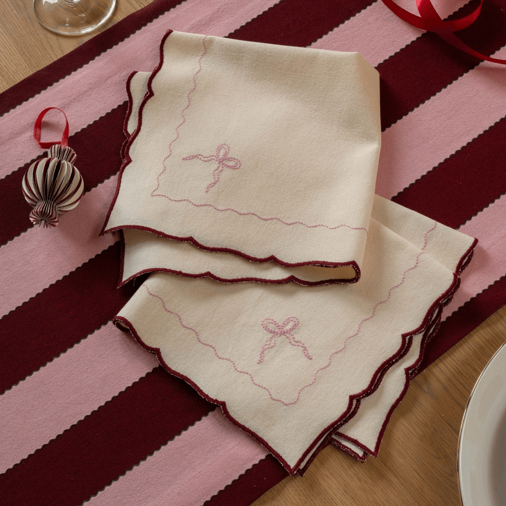 Embroidered Bow Napkins, Set of 2 - Burgundy
