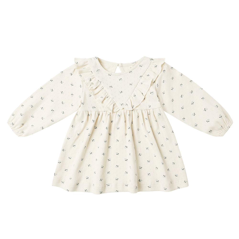 Quincy Mae Long Sleeve Ruffle V Dress - Blue Ditsy