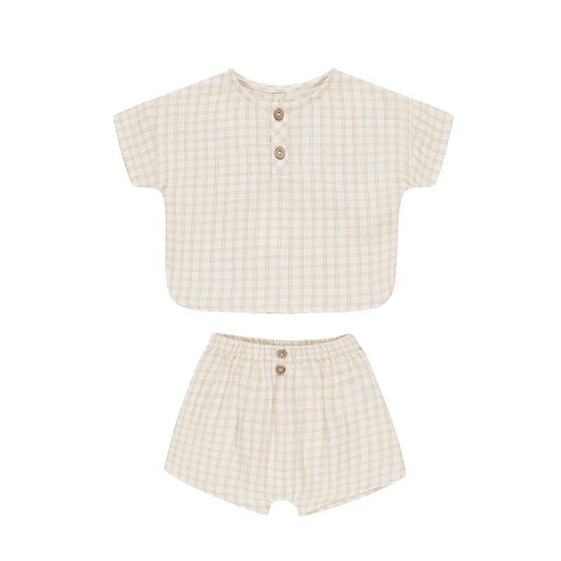 Quincy Mae Woven Boxy Top + Short Set - Oat Check
