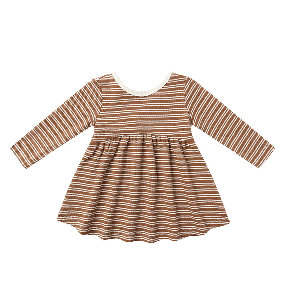 Quincy Mae Ribbed Long Sleeve Dress - Cedar Micro Stripe