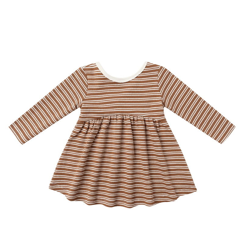 Quincy Mae Ribbed Long Sleeve Dress - Cedar Micro Stripe