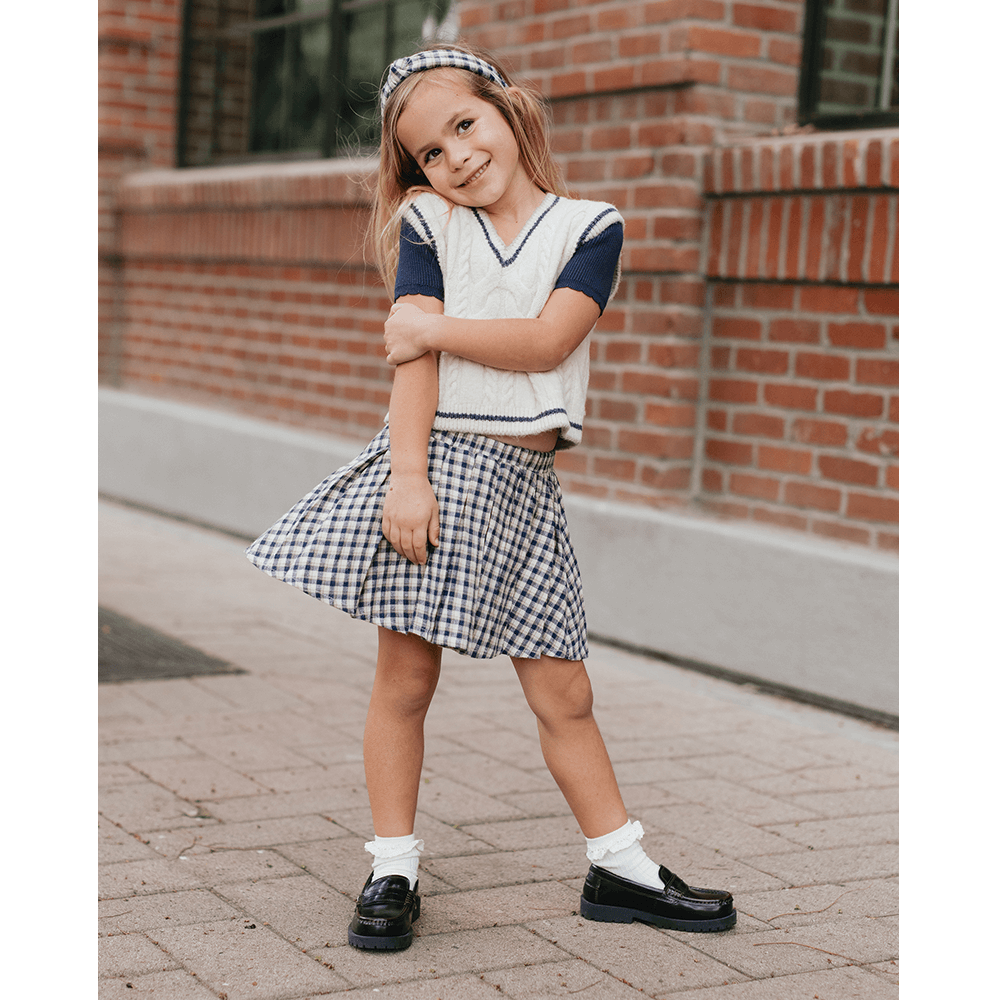 Rylee Cru Pleated Mini Skirt Navy Check Little Gatherer NZ
