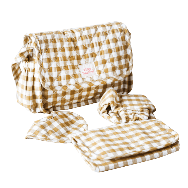 Tiny Harlow Nappy Bag Set - Mustard Gingham