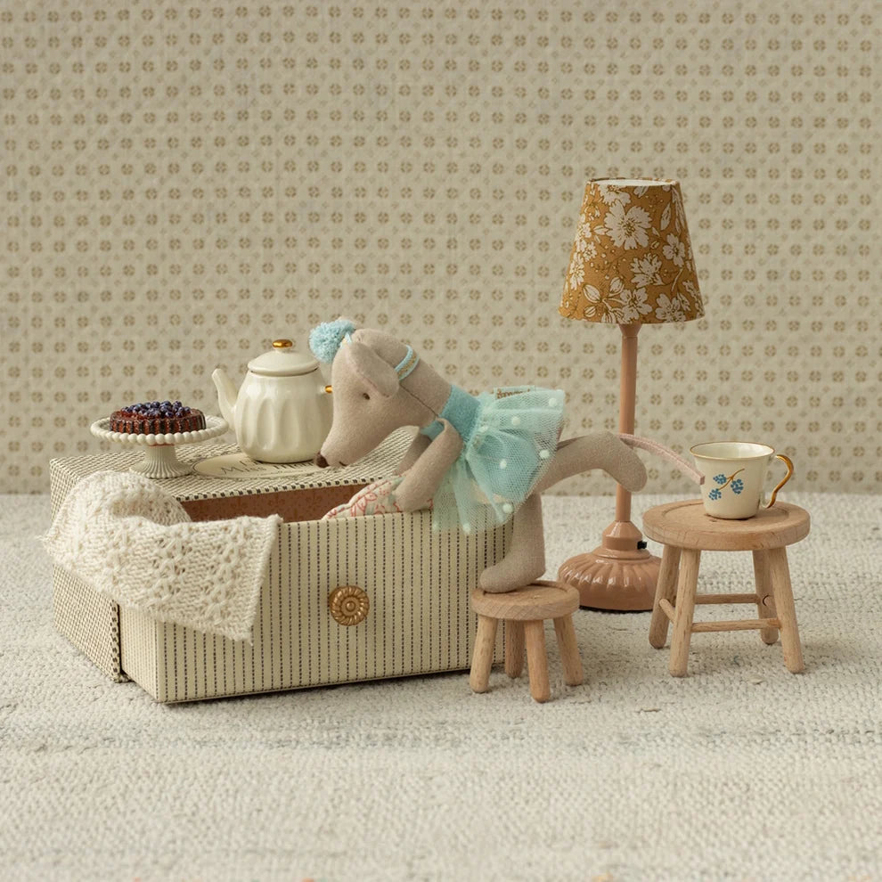 Maileg Mouse Dancing Little Sister in Daybed