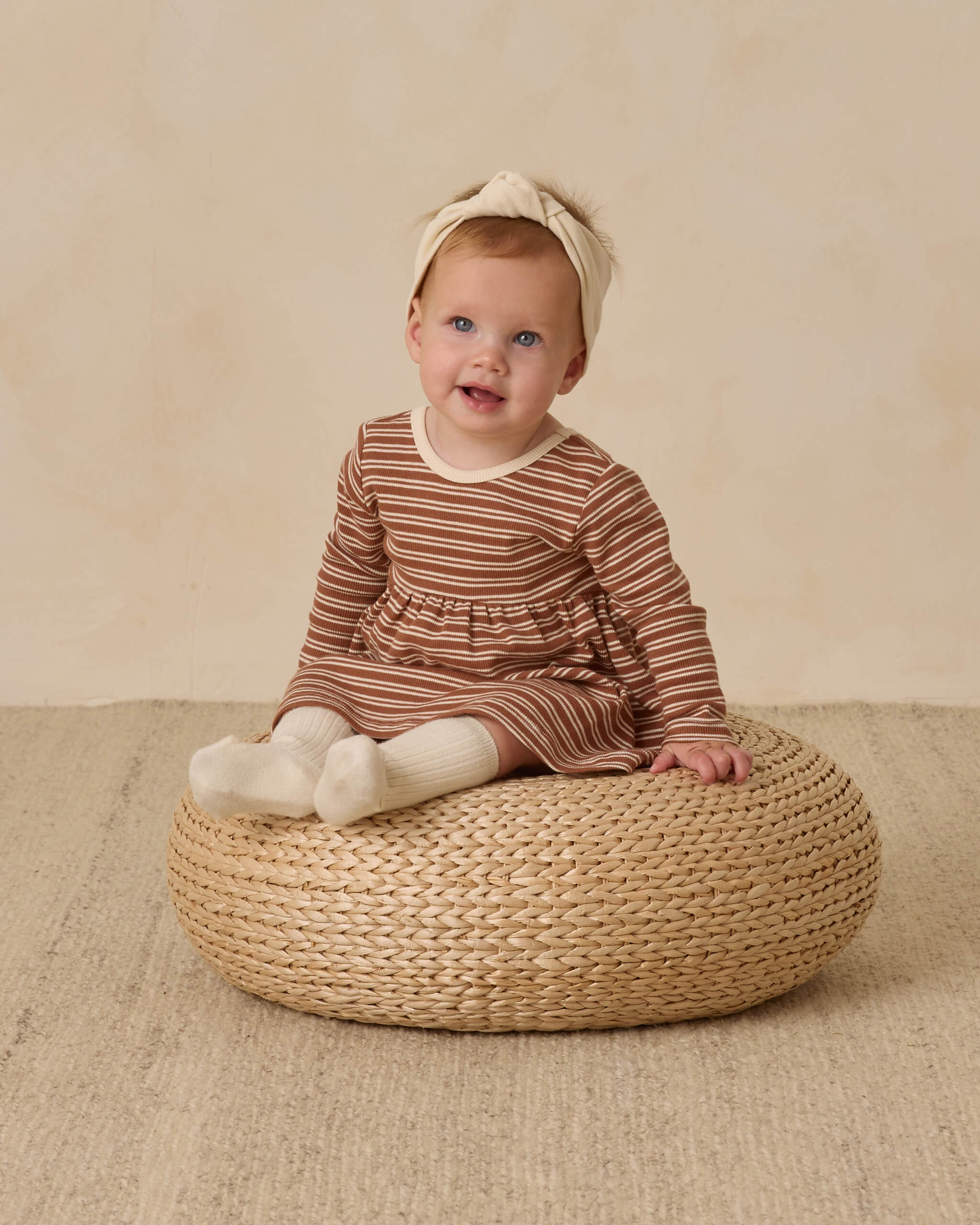 Quincy Mae Ribbed Long Sleeve Dress - Cedar Micro Stripe