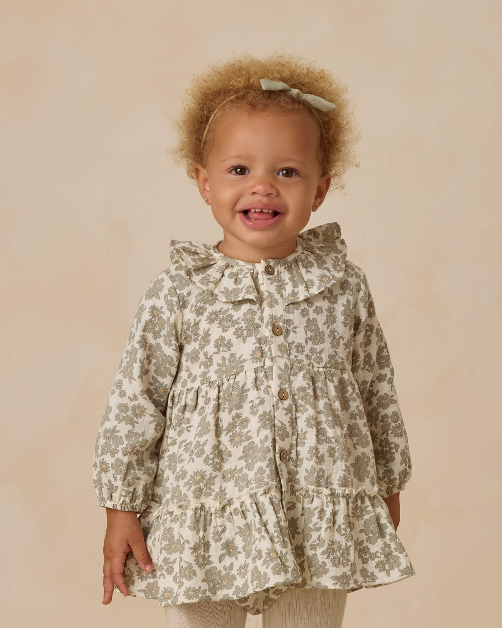 Quincy Mae Ruffle Collar Button Dress - Green Floral