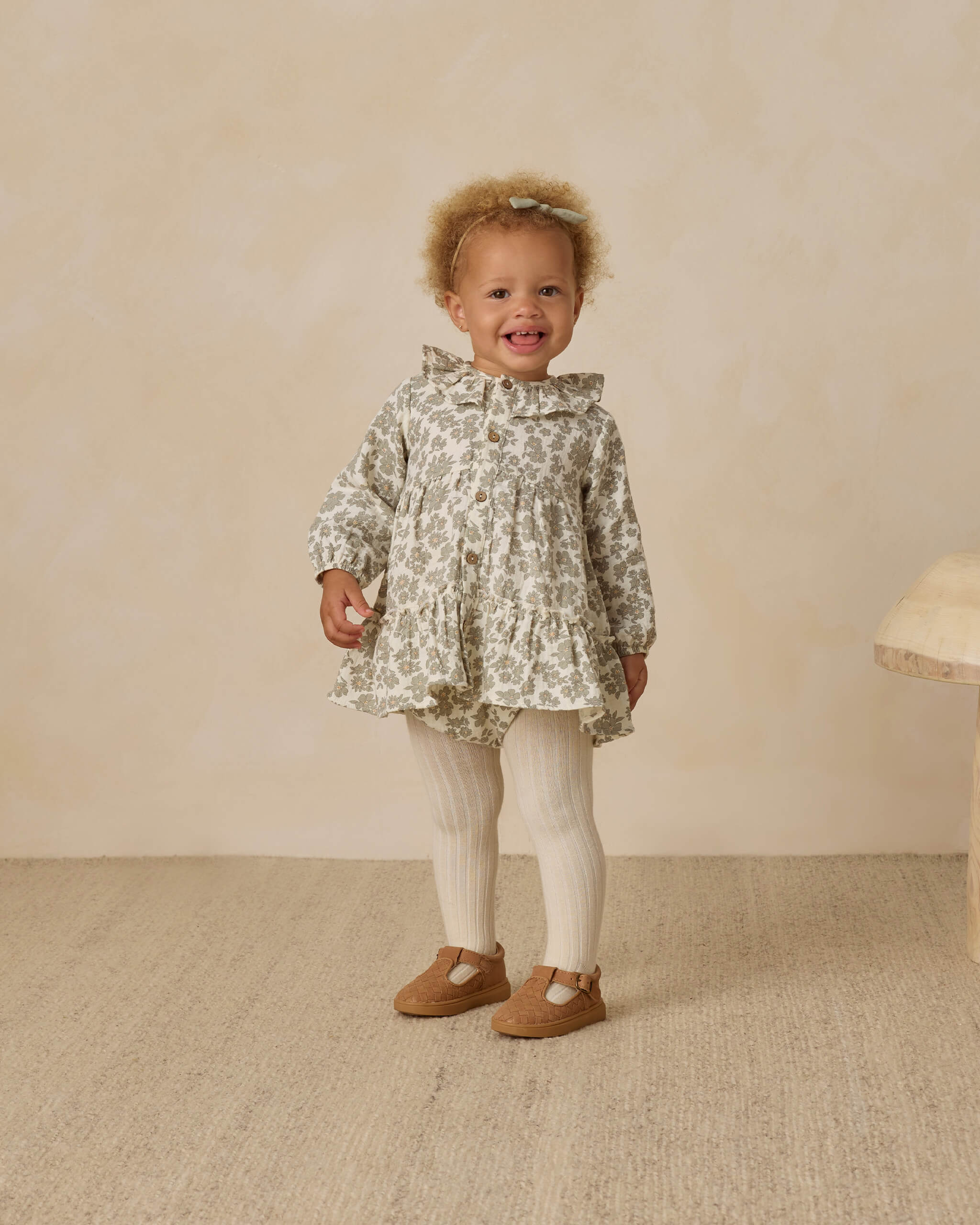 Quincy Mae Ruffle Collar Button Dress - Green Floral