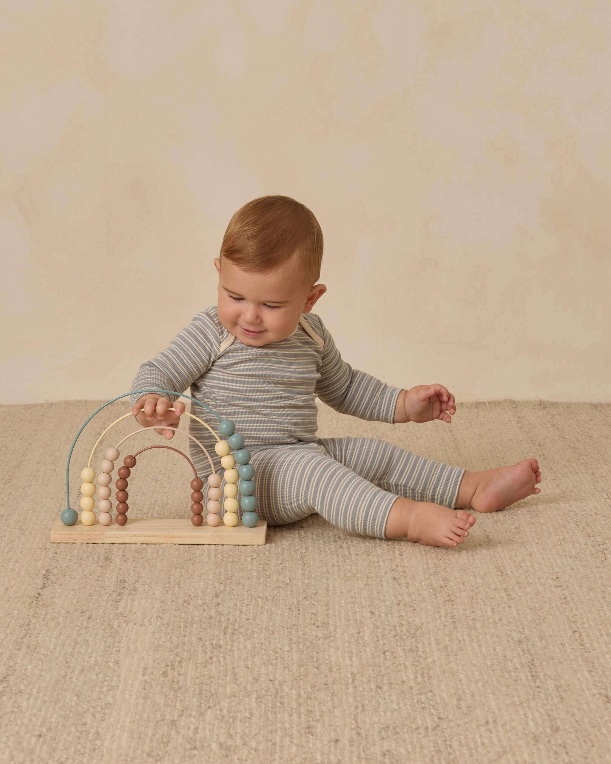 Quincy Mae Ribbed Tee + Legging Set - Steel Blue Micro Stripe