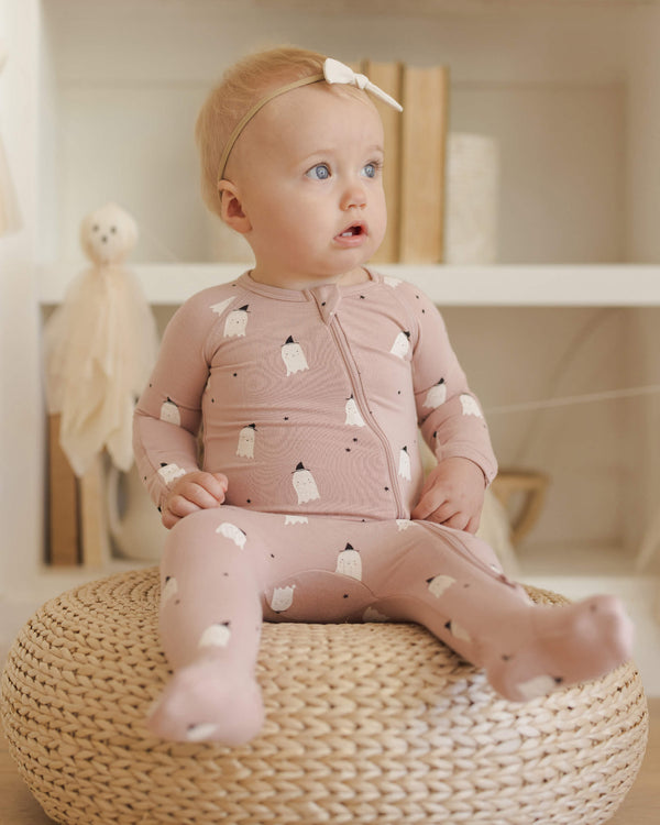 Quincy Mae Bamboo Zip Footie - Pink Ghosts