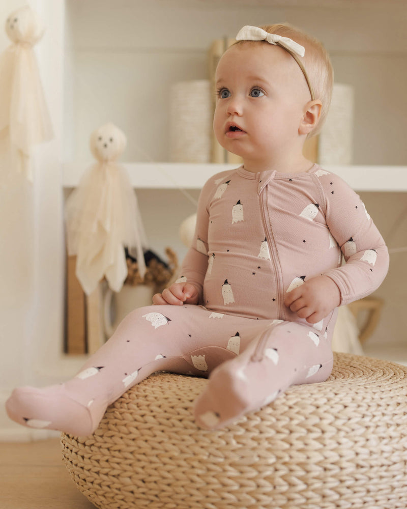 Quincy Mae Bamboo Zip Footie - Pink Ghosts