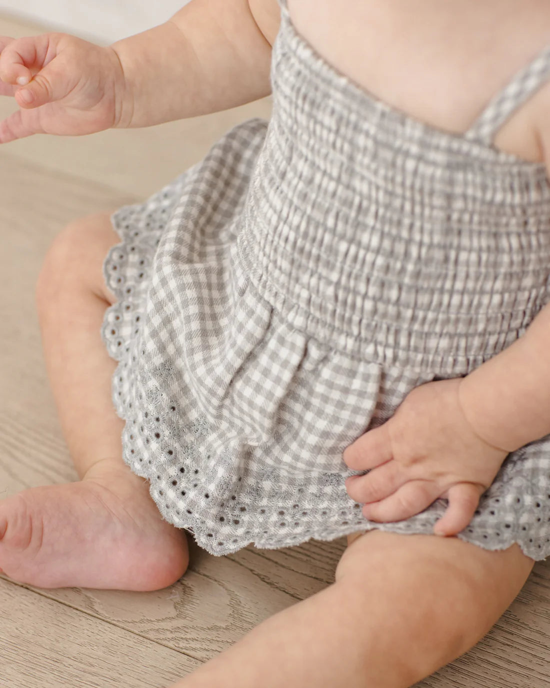 Quincy Mae Smocked Skirted Romper - Sage Gingham