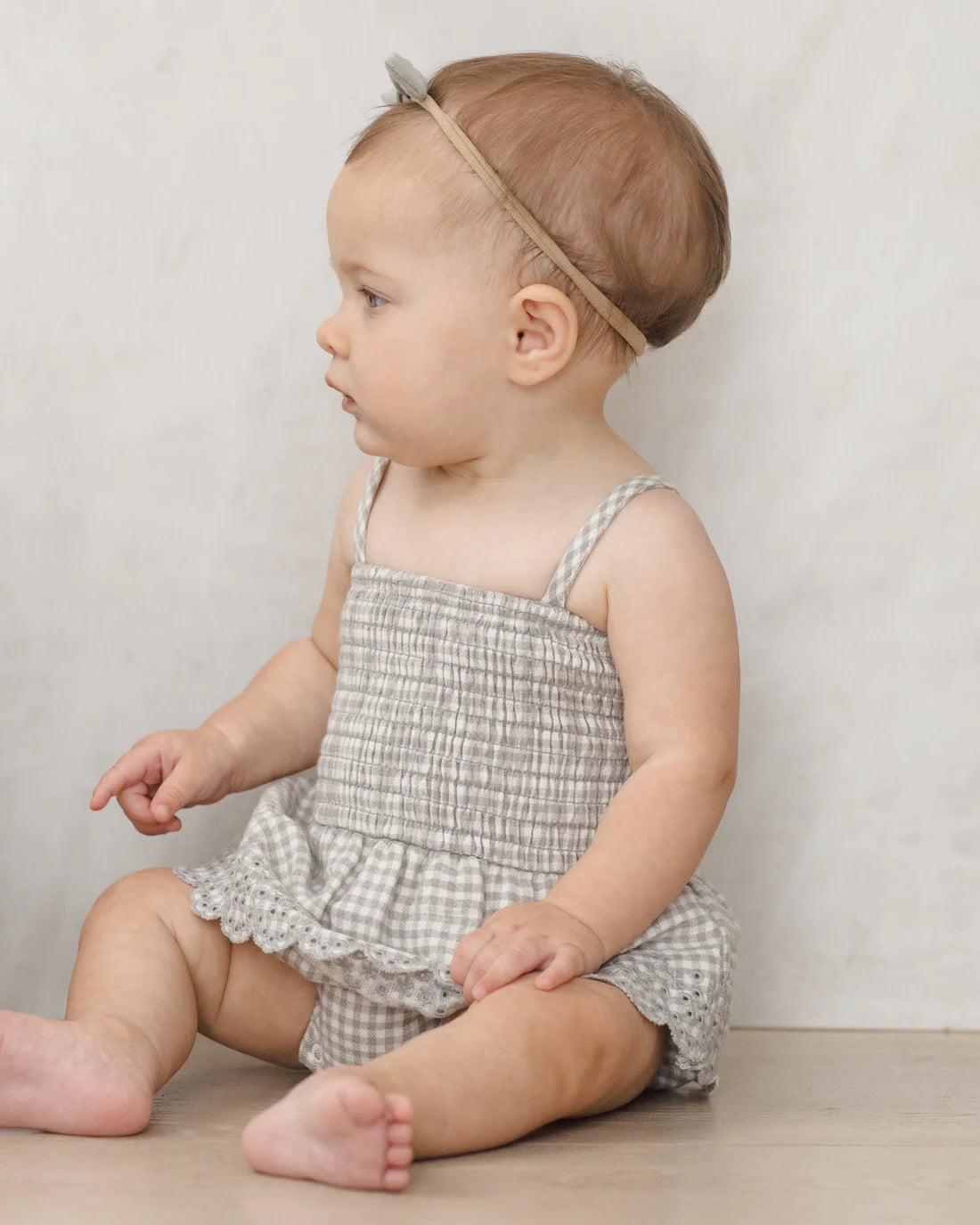 Quincy Mae Smocked Skirted Romper - Sage Gingham