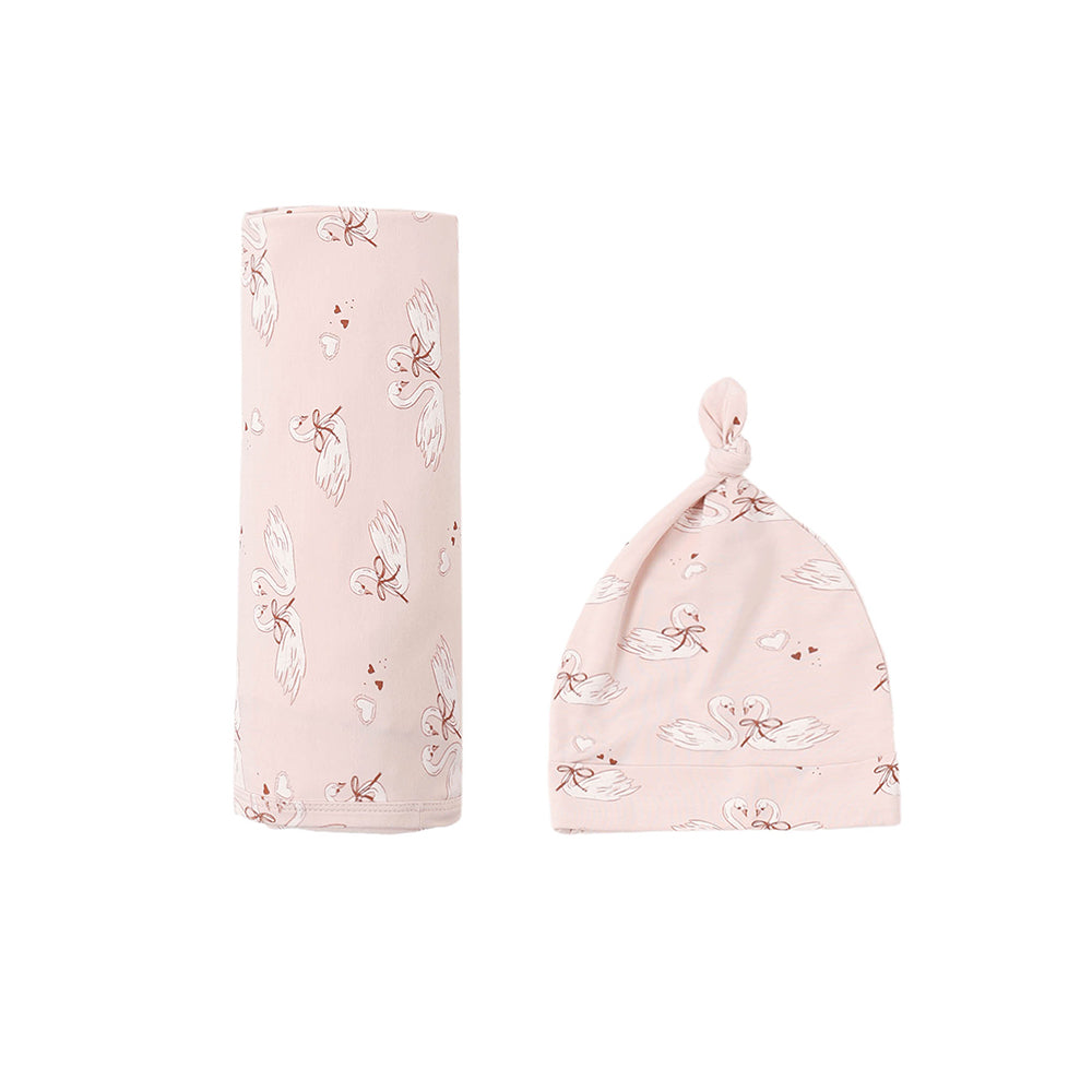 Quincy Mae Bamboo Swaddle + Knotted Hat - Swans