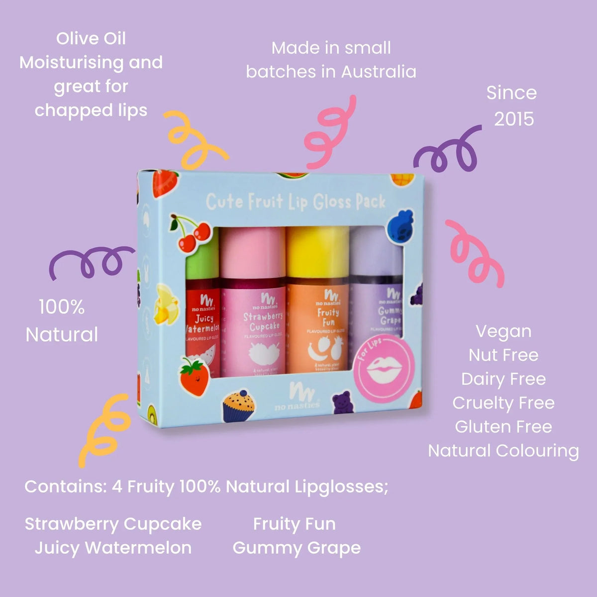 No Nasties Cute Fruit Natural Kids Lip Gloss Gift Set - Strawberry, Watermelon, Fruity Fun, Grape